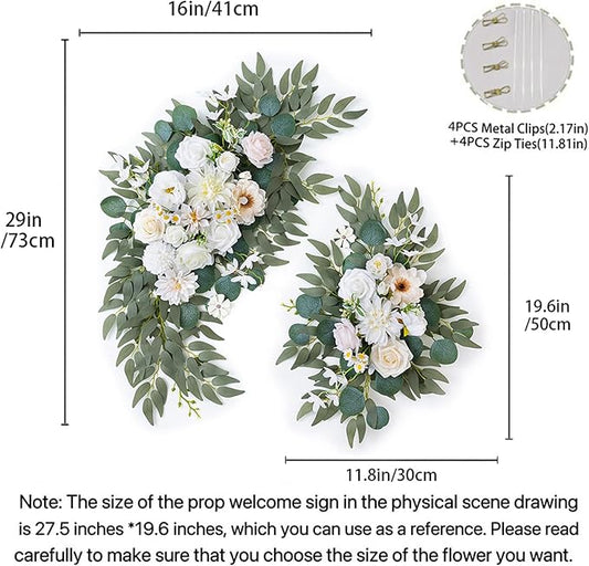 Artificial Arch Flowers Swag Set of 2 for Wedding Welcome Sign Floral Decoration and Reception Backdrop Decoration(Champagne White)