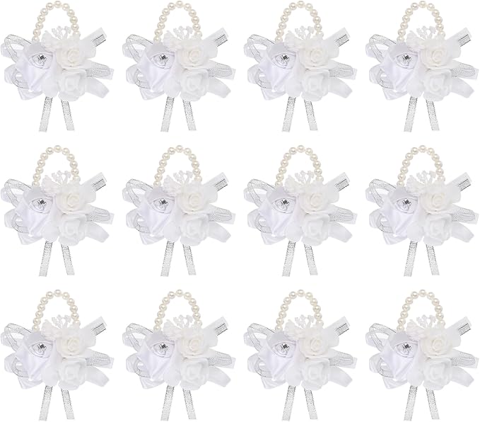 MECCANIXITY 12Pcs Wrist Corsage Artificial Flower Bracelets Rose Wrist Bride Groom Decorative for Wedding Ceremony Prom Party Anniversary White