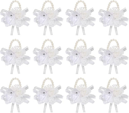 MECCANIXITY 12Pcs Wrist Corsage Artificial Flower Bracelets Rose Wrist Bride Groom Decorative for Wedding Ceremony Prom Party Anniversary White