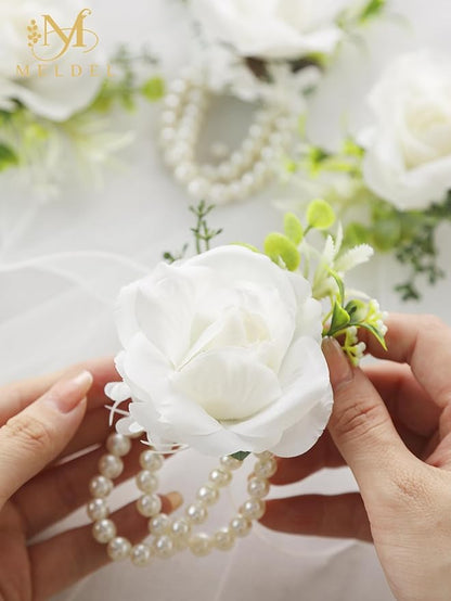 Meldel White Ivory Rose Wrist Corsage, Set of 6, Wedding Bridal Flower Corsage Hand Decor for Prom Party Homecoming, Wristband Flowers Bride, Bridesmaid, Girl