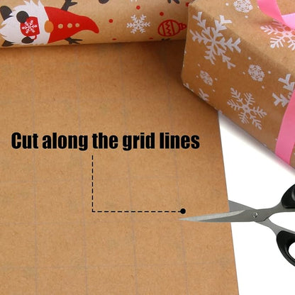 KIMOBER 5 Rolls Christmas Wrapping Paper,Brown Kraft Paper with Xmas Elements and Cut Lines on Reverse(17in × 118in Per Roll)