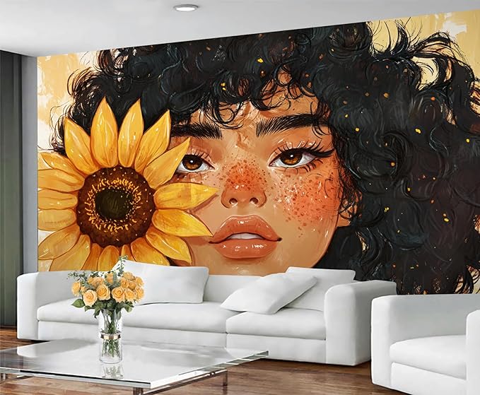 KIREUPA Sunflower Woman Art Wall Mural, Curly Hair Girl with Sunflower 3d Wall Murals, Modern Portrait and Flower Wallpaper Mural, for Living Room Bedroom Large Wallpaper Indoor Decor 78.7" W x55.1 H