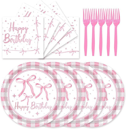 72Pcs Pink Bow Plates and Napkins, Coquette Birthday Party Supplies Pink Bow Paper Plates and Napkins Forks Tableware Decorations for 24 Guests
