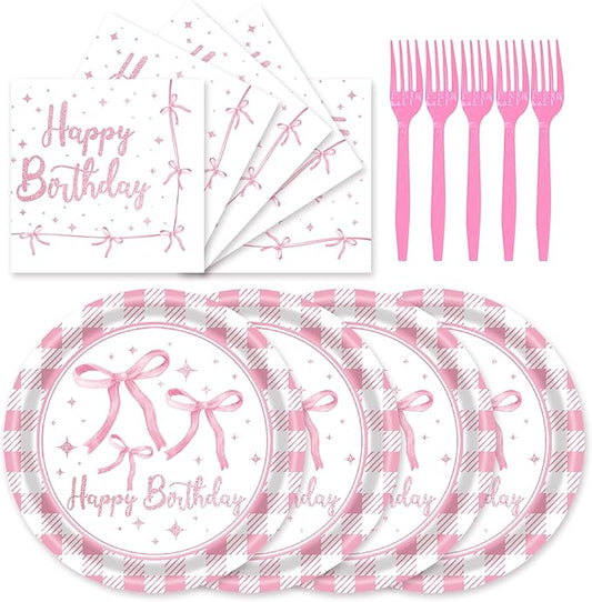 72Pcs Pink Bow Plates and Napkins, Coquette Birthday Party Supplies Pink Bow Paper Plates and Napkins Forks Tableware Decorations for 24 Guests