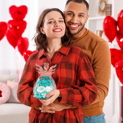 FIACO Gifts for Women Birthday Preserved Rose Forever Flower in Glass Angel Figurines Fresh Flowers for Delivery Prime for Mom Real Roses for Grandma Sister Wife Her from Daughter