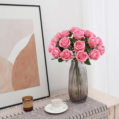 Hawesome Fake Roses Artificial Silk Flowers - 12 Pcs Pink Roses Artificial Faux Flowers with Stems for Home Wedding Centerpiece Hotel Office Decor