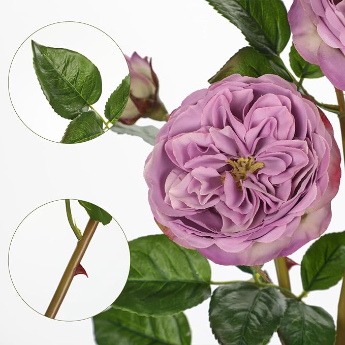 Real Touch Artificial Roses (Set of 3) – 23.6" Long Stem Purple Garden Roses – Lifelike Faux Silk Flowers for Wedding Bouquets, Home Décor, Centerpieces & Floral Arrangements