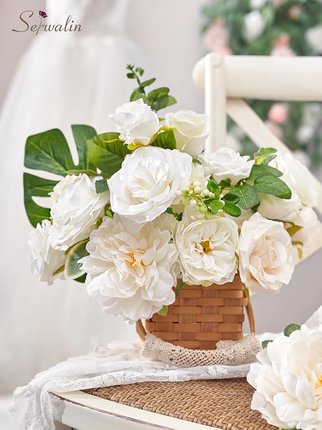 Serwalin Artificial Flowers Bridal Bouquets Realistic Fake Silk Foam Flowers Wedding White Peonies Roses DIY Centerpieces Corsage Boutonniere Home Decoration Party Arrangement Baby Shower