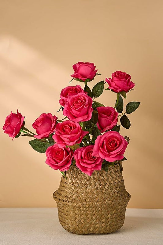 Laelfe 12 PCS Artificial Flowers Hot Pink Roses Silk Flowers Fake Long Stem Artificial Fuchsia Roses for Home Wedding Bathroom Kitchen Decorations (Hot Pink)