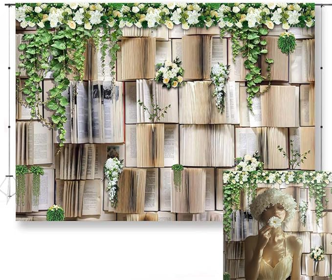 8x6ft Vintage Bookshelf Backdrop Flower Garlend Book Pages Wedding Party Photo Backdrop Baby Shower Graduation Party Photo Studio Background KUBDJ727