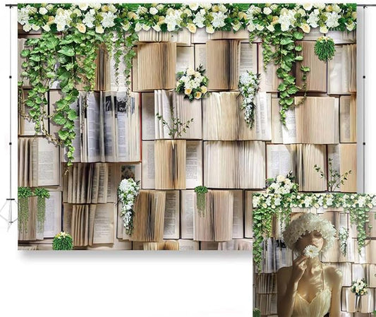 8x6ft Vintage Bookshelf Backdrop Flower Garlend Book Pages Wedding Party Photo Backdrop Baby Shower Graduation Party Photo Studio Background KUBDJ727