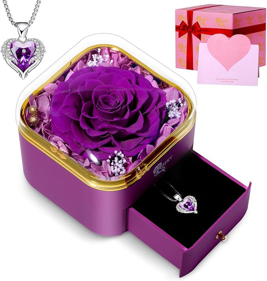 Christmas Flower Gifts for Mom,Birthday Gifts for Women,Preserved Purple Real Rose with Purple Necklace,Forever Flowers Rose Gifts for Women Mom Wife Girlfriend on Anniversary Valentines Mothers Day