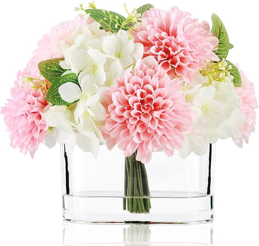 WELL KNOWN Artificial Hydrangea Dahlia Flowers in Vase, Faux Silk Flowers Arrangement with Big Glass Vase for Home Wedding Party Dining Table Centerpiece Home Office Decor & Women Mom's Gift (Pink)
