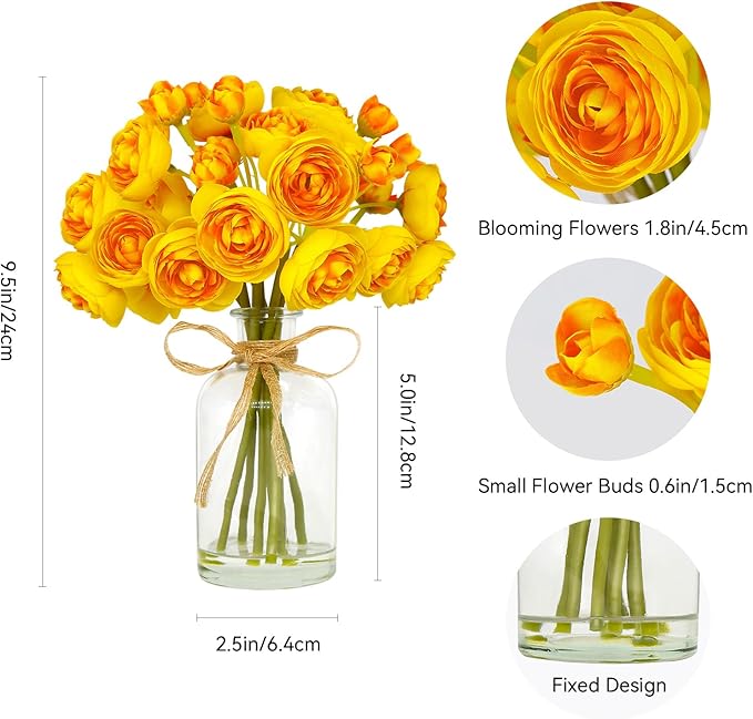 Ranunculus Artificial Flowers with Vase, 2 Pack - 8 Pcs Faux Silk Ranunculus Flower in Vase, Small Flowers Arrangements for Home Decor Indoor, Table Centerpiece. (Yellow)