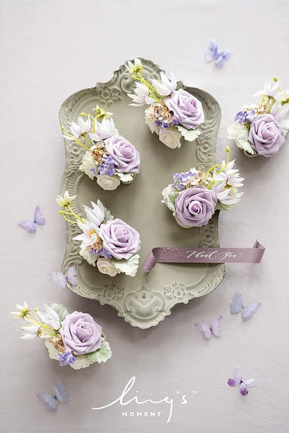 Ling's moment 6pcs Wedding Wrist Corsage Artificial Flowers, Girl/Mother Homecoming Prom Corsages Wristlet Décor, etc. Lilac Lavender Purple