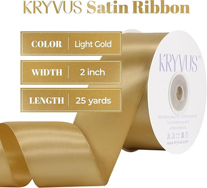 Light Gold Satin Ribbon, Double Faced 2 Inch X 25 Yards Light Gold Ribbon, Premium Satin Ribbon for Gift Wrapping, Crafts, Hair Bow Making, Sewing, Flower Bouquet, Wedding Party Decor