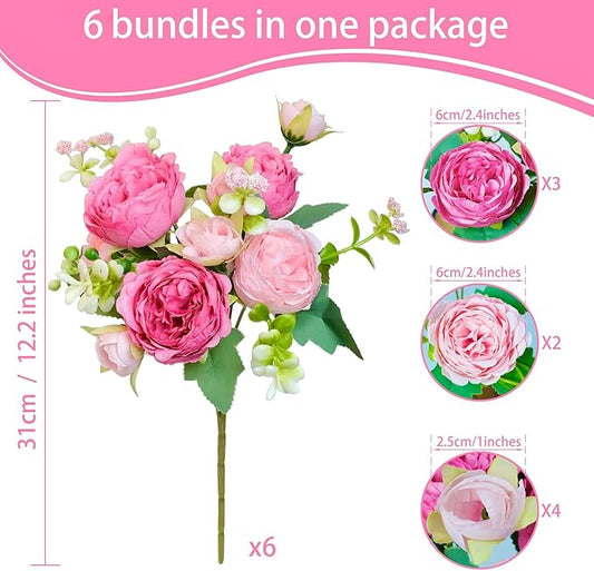 6 Pcs Peonies Artificial Flowers Bulk, Blush Pink Silk Peonies Fake Bouquet for Floral Centerpieces, Red Realistic Faux Peony Flower for Flower Arrangements Wedding Decoration vase