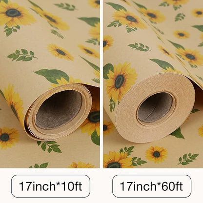Aimyoo Kraft Floral Wrapping Paper Jumbo Roll, All Occasion Sunflower Flower Gift Wrap Paper for Wedding Bridal Shower Birthday, 17 in x 60 ft