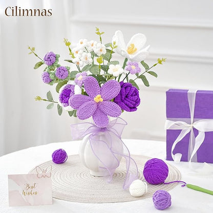 Cilimnas Crochet Flower Bouquet,Purple Knitted Flowers, Handmade Tulips Roses Bouquet for Birthday Party Mother's Day Graduation Gifts