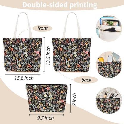 Aesthetic Floral Tote Bag Makeup Bag Flower Decor Gifts for Girls Christmas Shopping Grocery Bags Cosmetic Bags