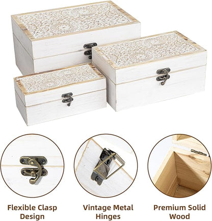 Set of 3 Decorative Wooden Boxes, Rustic Farmhouse Keepsake Box Decorative Boxes with Hinged Lid and Floral Carved Design, Wood Storage Box for Home Decor, White