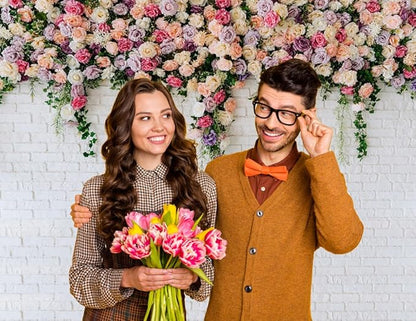 10X8FT White Brick with Flowers Backdrop Occasions Mother's Day Wedding Bridal Shower Birthday Party Banner Background Supplies DH-357
