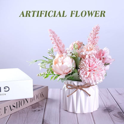 Artificial Potted Flowers Pink, Small Ceramic Vase Fake Flower Plants Desktop Decoration Indoor for Home and Office, Faux Flowers Hydrangea Decora for Table,Bookshelf,Bedroom,Living Room,Party.(Pink)