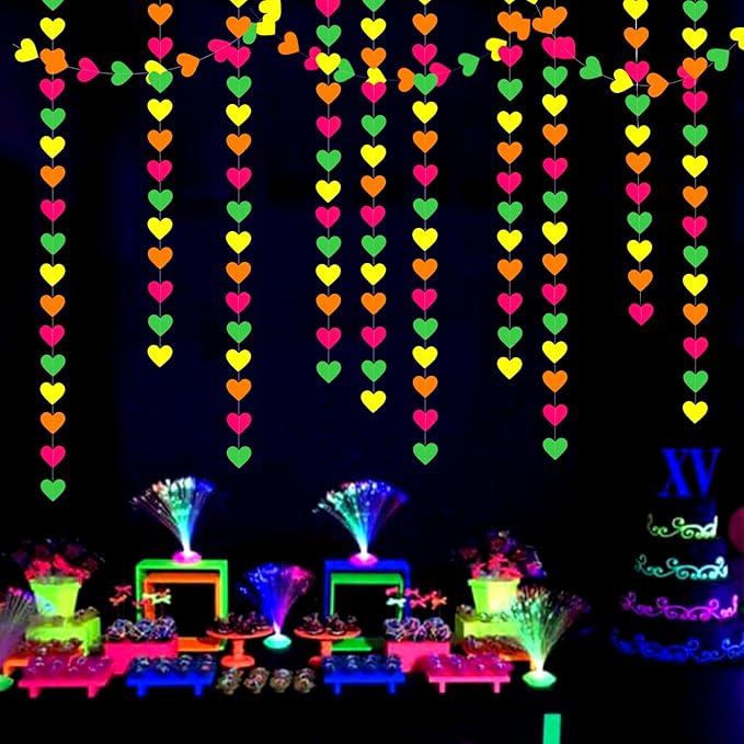 UV Neon Party Decorations Heart-Garland - 52ft Glow in The Dark Supplies,80s Hanging Streamers Banner,Girl Romantic Wedding Anniversary Baby Bridal Shower Engagement Decor Panduola