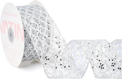 VATIN 2-1/2" Silver Christmas Ribbon, Silver Glitter Mesh Diamond Web Sequin Dots Wired Christmas Ribbon for Gift Wrapping Bow Making Wreath Supply-10 Yards
