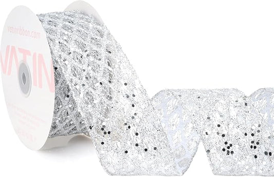 VATIN 2-1/2" Silver Christmas Ribbon, Silver Glitter Mesh Diamond Web Sequin Dots Wired Christmas Ribbon for Gift Wrapping Bow Making Wreath Supply-10 Yards