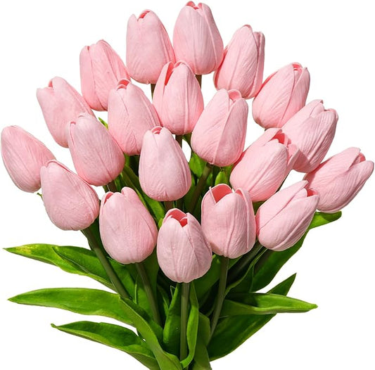 Real Touch Artificial Tulips, 20pcs Fake Tulip Flowers Stem, PU Faux Tulips 13.5” for Mother's Day, Home Decor, Wedding, Easter Valentine's Gift, Table Centerpieces, Floral Arrangements, Pink