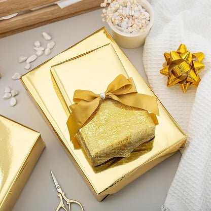 Merture Gold Wrapping Paper Roll - 17 In X 16.4 Ft(23.3 sq.ft.) Metallic Gold Solid Color Gift Wrap with Grid Cutting Lines for Christmas, Wedding, Birthday, Valentines Day, Mothers Day, Baby Shower