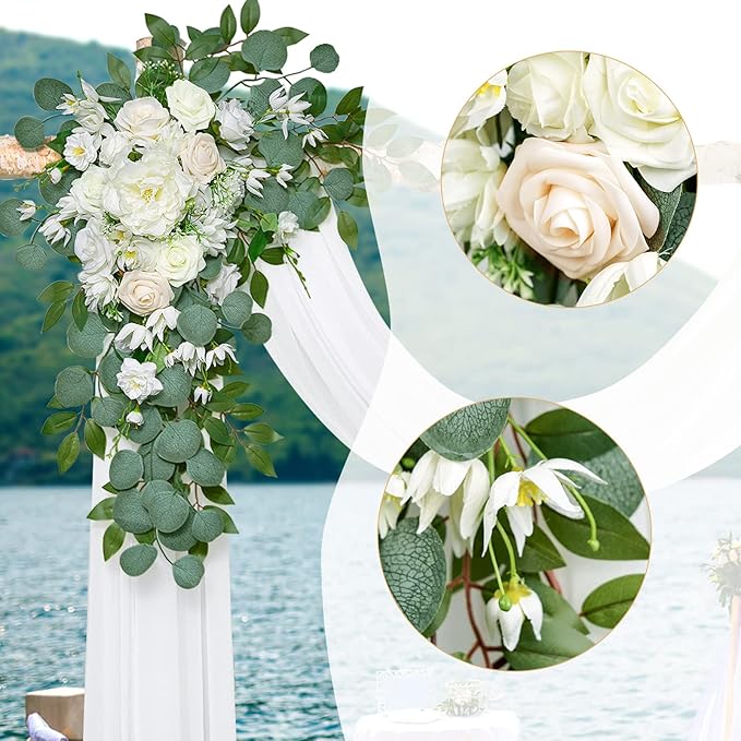 Ponatia Artificial Wedding Arch Flowers Kit (Pack of 3) With 26Ft Shiny Arch Draping Fabric, Arches for Ceremony, Decorations for Reception (White)