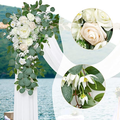 Ponatia Artificial Wedding Arch Flowers Kit (Pack of 3) With 26Ft Shiny Arch Draping Fabric, Arches for Ceremony, Decorations for Reception (White)