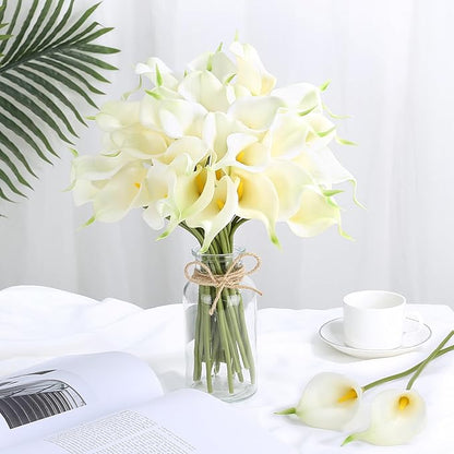 24 Pcs White Artificial Flowers Fake White Calla Lily Silk Flower Real Touch for Wedding Office Home Kitchen Decor