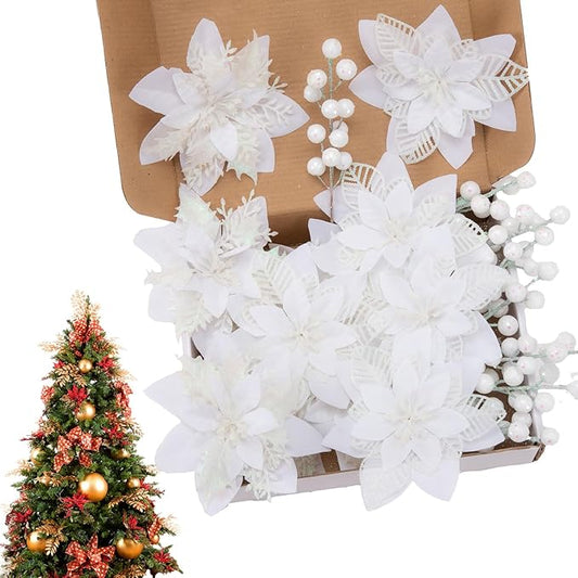 24 Pcs White Boxed Christmas Poinsettia Flowers Set, 16 Pcs Artificial Poinsettias with Clips, 8 pcs Glitter Christmas Tree Ornaments Berry Stems for Wedding Home Holiday Xmas New Year Decorations