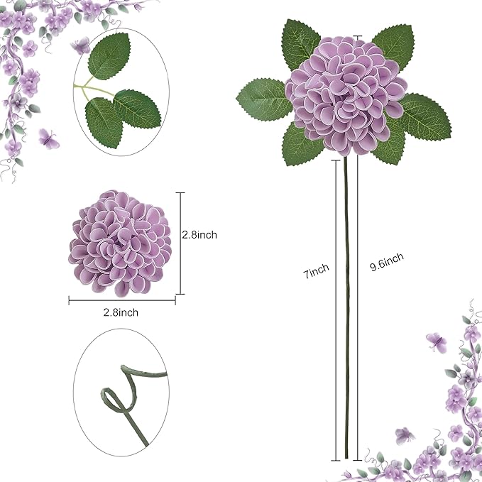 Artificial Flowers, 100pcs Realistic Artificial Rose for DIY Wedding Bouquets Centerpieces Arrangements, Purple Dahlia Flowers with Stem for Bridal Shower Party Home Decorations