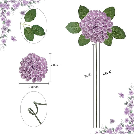 Artificial Flowers, 100pcs Realistic Artificial Rose for DIY Wedding Bouquets Centerpieces Arrangements, Purple Dahlia Flowers with Stem for Bridal Shower Party Home Decorations