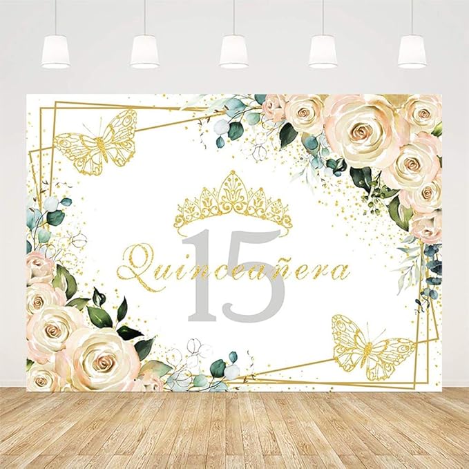 SENDY 8x6ft Quinceañera Backdrop Mis Quince 15 Anos Birthday Party Decorations Supplies for Girl Princess White Floral Gold Crown Butterfly Photography Background Banner Photo Booth Studio Props Vinyl