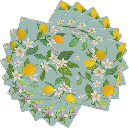 Lemon Linen Placemats Set of 6 Summer Tropical Fruits Floral Placemats for Indoor Outdoor Party Home Desktop Kitchen Dining Room Decor 12x18 Inch