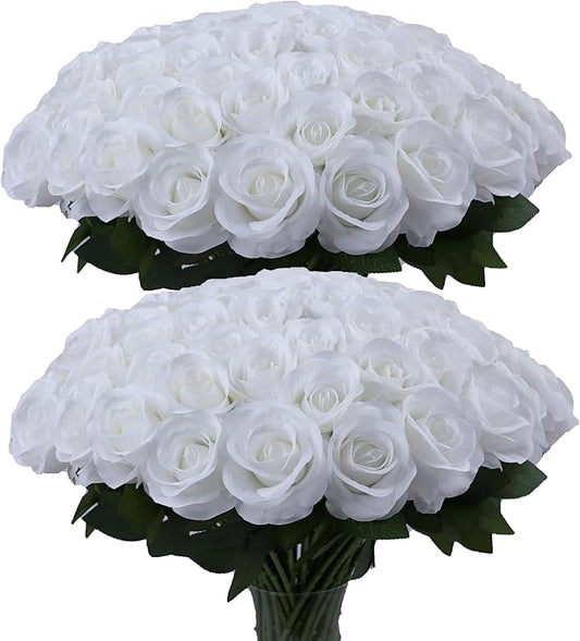 50pcs White Roses Artificial Flowers White Silk Roses with Long Stems Fake Flowers for Wedding Bouquet Centerpices Decorations Party Bridal Baby Shower Home Decor