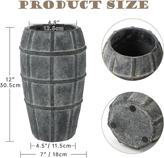 Briful Rustic Terracotta Flower Vase for Home Decor 12" Blue Farmhouse Textured Barrel-Style Ceramic Vase Vintage Handcrafted Gridded Design for Faux & Dried Flowers Living Room Table Centerpiece