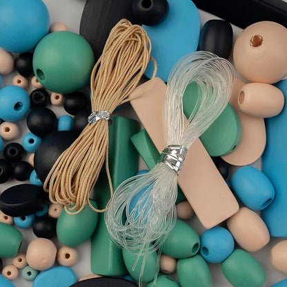 John Bead 90g Craft Beads Blue/Light Blue/Natural/Green Wood Beads with Elastic Nylon Cord