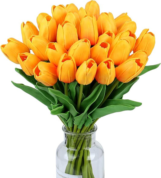 SITUMEIZI 15pcs Fake Tulips Artificial Flowers Real Touch Red 14" Silk Flower for Home Kitchen Decor Spring Easter Wedding Bouquet Decorations Office Floral Arrangements(Orange)