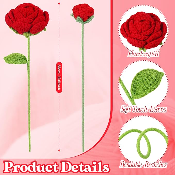YoungJoy 12 Pcs Crochet Rose Handmade Knitted Flowers Tulip Sunflower Daisy Heart Artificial Knitted Floral Mother Day Graduation Home Decor(Mixed Red Rose)