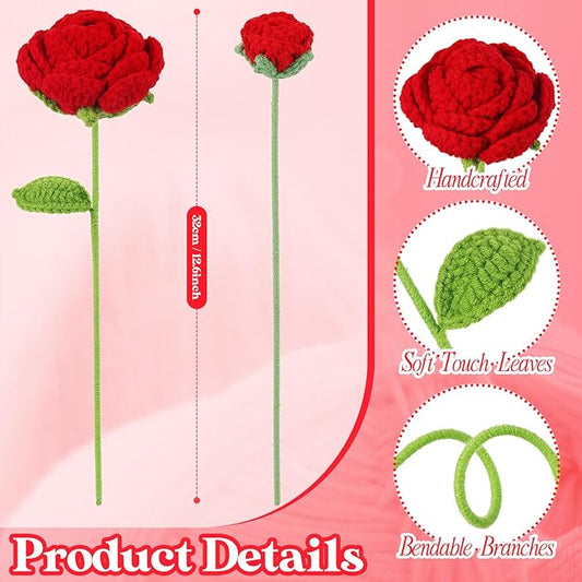 YoungJoy 12 Pcs Crochet Rose Handmade Knitted Flowers Tulip Sunflower Daisy Heart Artificial Knitted Floral Mother Day Graduation Home Decor(Mixed Red Rose)