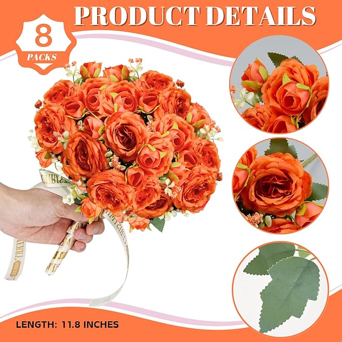 ASTRYAS 8Pcs Peonies Artificial Flowers, Orange Peony Artificial Peonies, Fall Flowers Fake Silk Peonies Artificial Flowers Peonies Bouquet for Autumn Centerpiece Table Wedding Party Home Decor