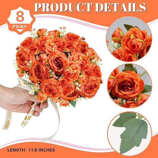 ASTRYAS 8Pcs Peonies Artificial Flowers, Orange Peony Artificial Peonies, Fall Flowers Fake Silk Peonies Artificial Flowers Peonies Bouquet for Autumn Centerpiece Table Wedding Party Home Decor