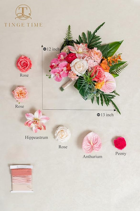 TINGE TIME 13 Inch Summer Wedding Bouquets for Bride, Bridal Bouquet for Bride, Artificial Silk Orchid for Graduation Bouquet, Fake Flowers for Wedding Ceremony and Anniversary (Tropical)