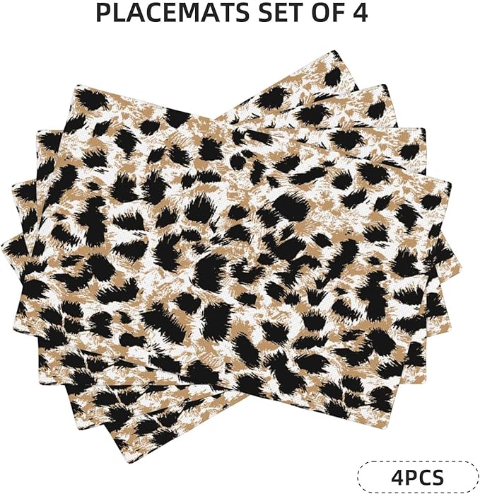 Placemats 4 pcs Leopard Double-Layer Imitation Linen Place Mats Non-Slip Heat-Resistant Tablemats for Home Restaurant Hotel 18×12 Inch